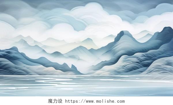 卡通手绘可爱唯美清新中国风层次感山水云层全景水彩插画电脑壁纸海报